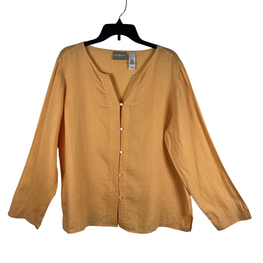 Liz Claiborneā 100% Linen Blouse Orange Melon Pearl Style Buttons Summer Resort